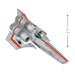 Model of a spaceship with red accents on a white background, showing dimensions.