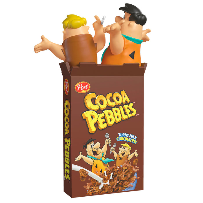 Cocoa Pebbles cereal box with cartoon characters on a white background