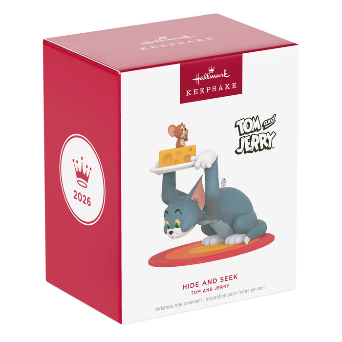Hallmark Tom and Jerry Christmas ornament packaging with cartoon characters on a white background