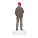 Statue of a person wearing a brown sweater and gray pants with a red and white hat on a white base.