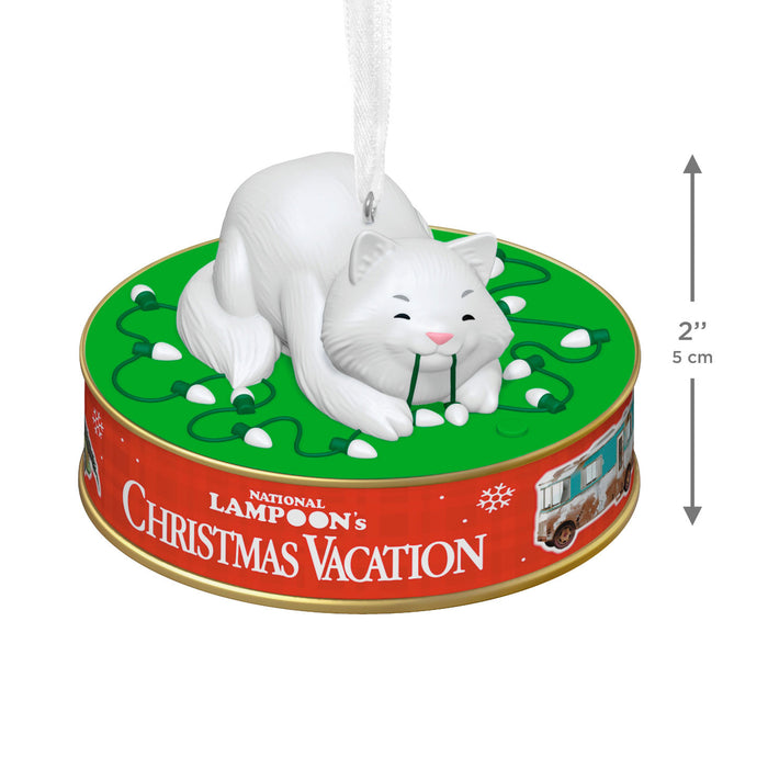 Cat ornament on a 'National Lampoon's Christmas Vacation' can with dimensions indicated.