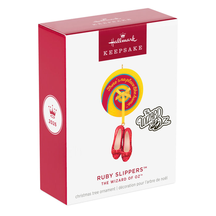 Hallmark Keepsake Ruby Slippers ornament packaging on a white background