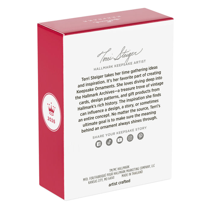 Hallmark Keepsake Ornament box with red and white design, featuring text and Hallmark logo.