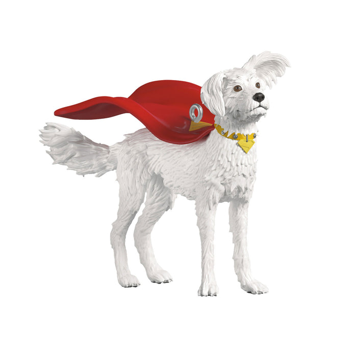 White dog wearing a red superhero cape and yellow mask on a white background