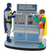 Figurines of Batman and Robin interacting with a Batcomputer on a white background