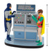 Two superhero figures standing next to a Batcomputer with a measurement indicator.