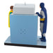 Two superhero figures interacting with a blue machine on a white background