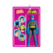 Vintage-style Batman action figure in packaging with superhero illustrations on a pink background