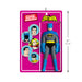 Batman action figure on a pink packaging with superhero portraits, dimensions indicated.