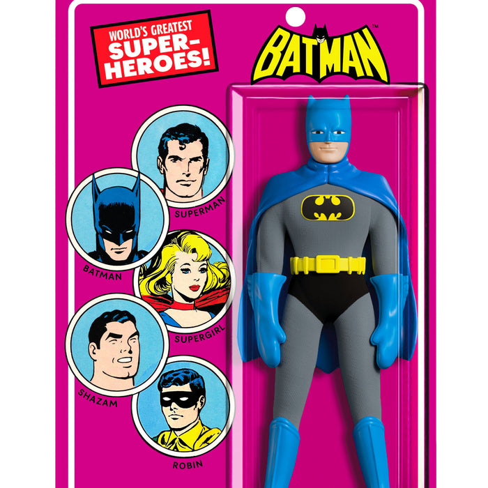 Batman action figure in packaging with character portraits on a pink background
