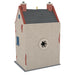 Decorative birdhouse with a gray roof, red chimneys, and blue windows on a white background
