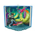 Ornament with a fantasy scene featuring a character with a sword, a dragon, and a phoenix.