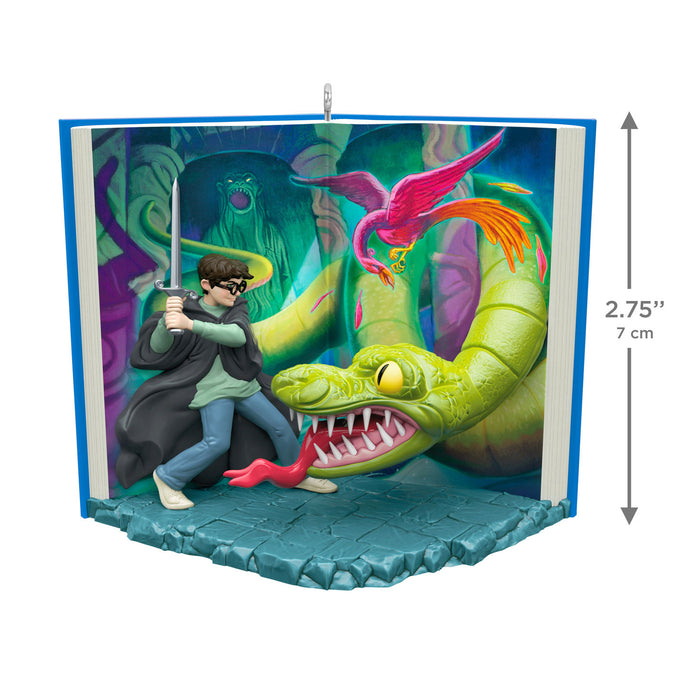 Toy figure of a character with a sword and a dragon in an open book setting, with dimensions indicated.
