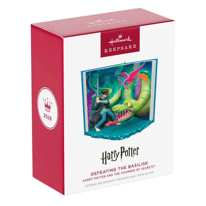 Hallmark Harry Potter Christmas ornament packaging with a dragon illustration.