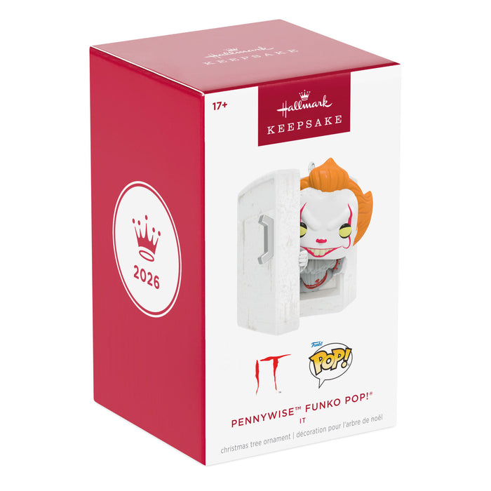 Hallmark Keepsake Ornament packaging featuring Pennywise Funko Pop! design on a white background