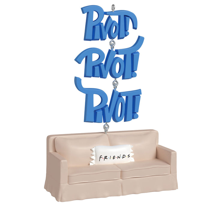 Decorative ornament with 'Pivot!' text on a miniature couch, inspired by 'Friends' show.