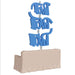 Blue decorative letters on a beige stand against a white background
