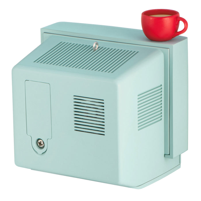 Light blue vintage-style microwave with a red mug on top against a white background