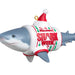 Shark-shaped ornament with 'Discovery Shark Week' sweater and Santa hat on a white background