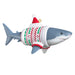 Shark ornament wearing a sweater and Santa hat on a white background