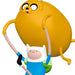Cartoon character holding onto a large, round, yellow creature with a white background