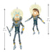 Two cartoon characters in space suits with measurements on a white background