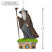 Statue of a wizard on a pedestal with dimensions indicated, power cord sold separately text at the top.