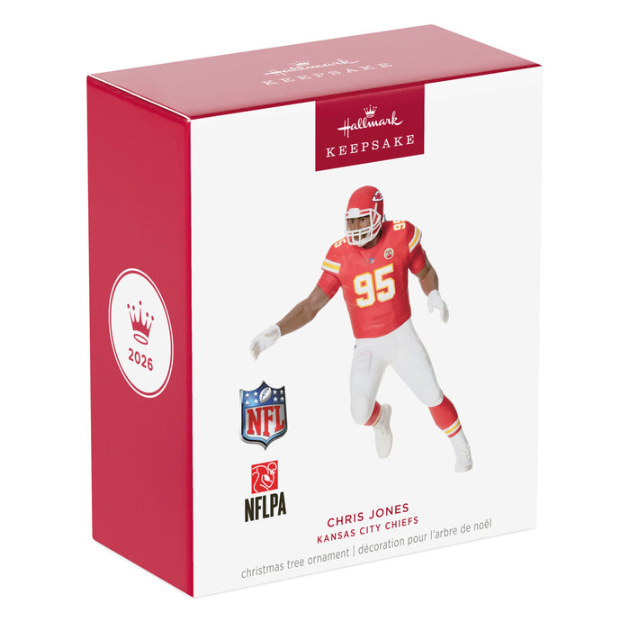 Hallmark Christmas ornament packaging featuring a football player in a red jersey with the NFL logo.
