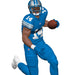 Football player in blue uniform with number 14 holding a football on a white background