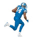 Football player in blue uniform with number 14 and helmet, running with ball on white background