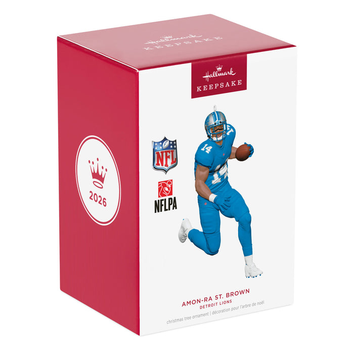 Hallmark NFL ornament packaging featuring Amon-Ra St. Brown of the Detroit Lions.