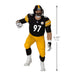 Football player figure in black and yellow uniform with measurement details on a white background