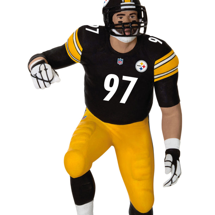 Person wearing a black and yellow football uniform with number 97 on a white background