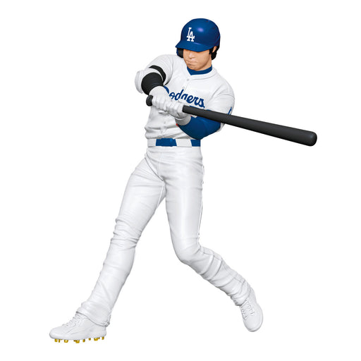 Baseball player figure in white uniform with blue helmet and bat on a white background