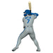 Baseball player figurine in gray and blue uniform with bat on white background