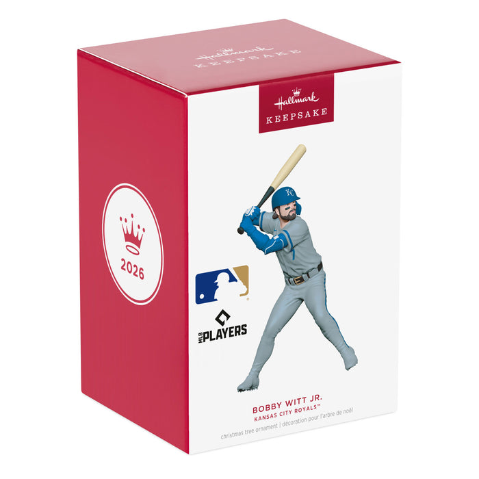 Hallmark 2026 MLB ornament packaging featuring a baseball player in a gray uniform with a bat.