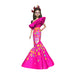 Doll in a vibrant pink dress with colorful patterns on a white background