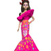 Doll in a vibrant pink dress with colorful patterns on a white background