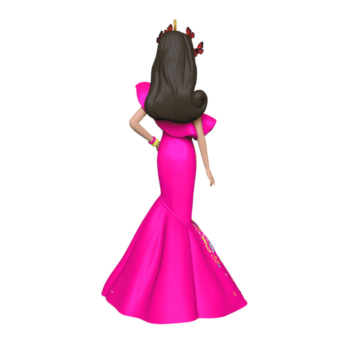 Animated character in a pink dress with a white background