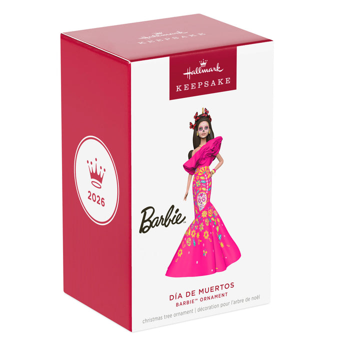 Hallmark Barbie Dia de Muertos ornament packaging on a white background