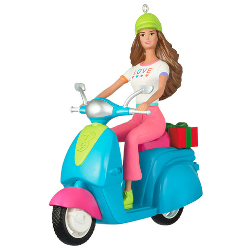 Decorative ornament of a woman on a scooter with a gift, on a white background