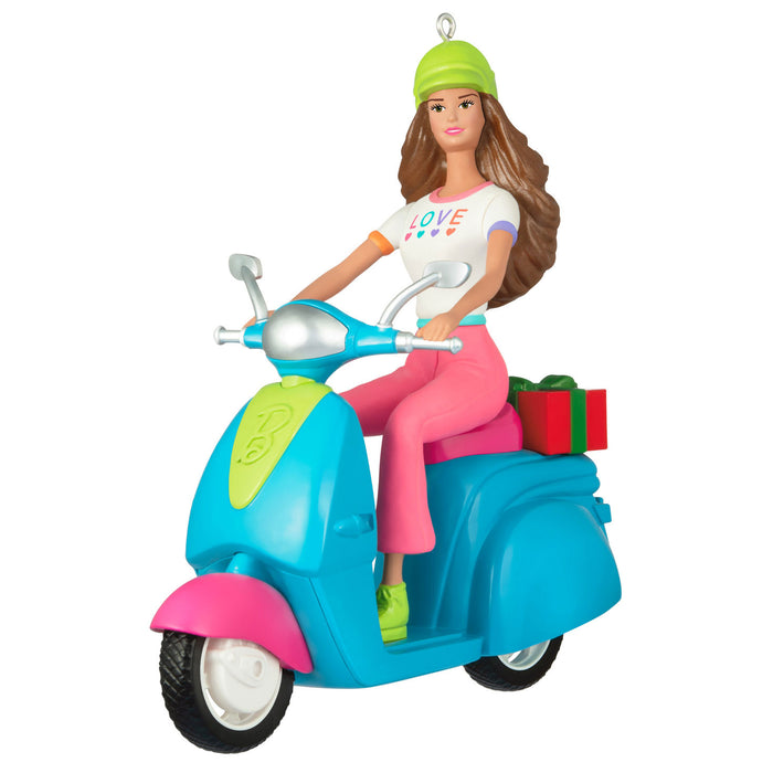 Decorative ornament of a woman on a scooter with a gift, on a white background