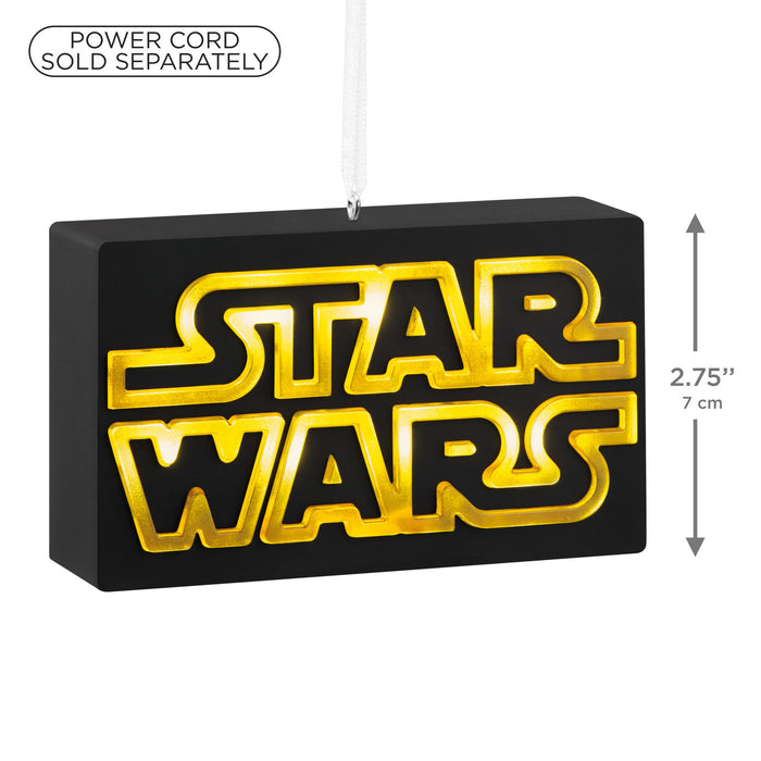 Black and gold 'Star Wars' logo with dimensions on a white background
