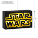 Black and gold 'Star Wars' logo with dimensions on a white background
