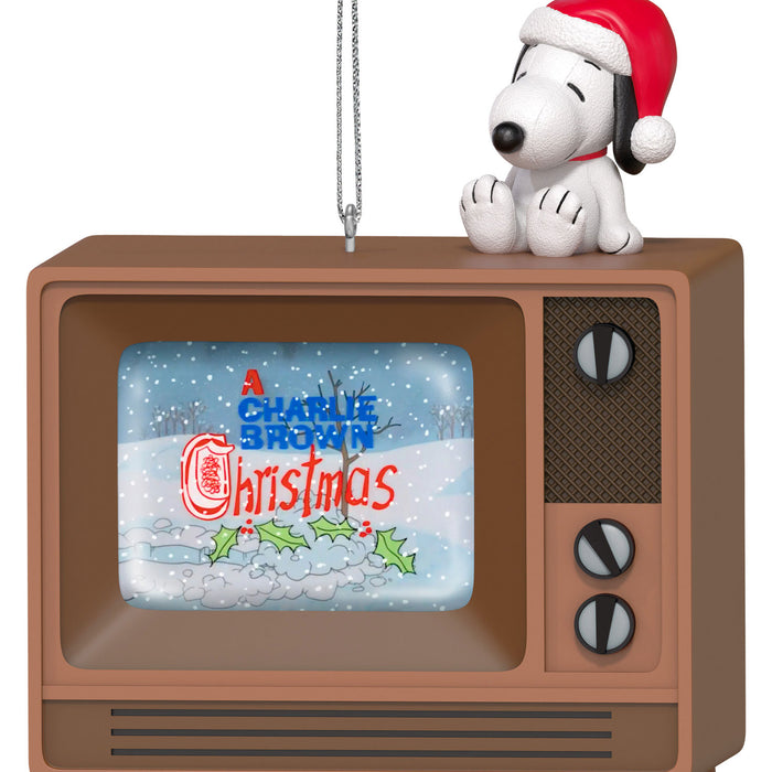 Snoopy wearing a Santa hat on top of a vintage TV set with 'A Charlie Brown Christmas' on screen.