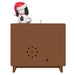 Small dog figurine wearing a red hat on top of a brown rectangular object with a central circular hole.