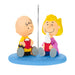 Two cartoon characters sitting on a blue base with a white background