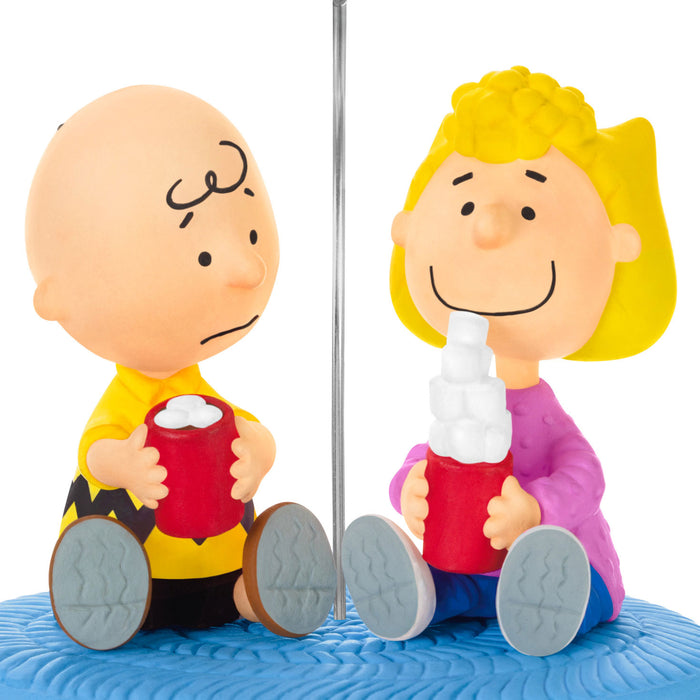 Two cartoon characters sitting on a blue platform with a pole between them, holding red cups.