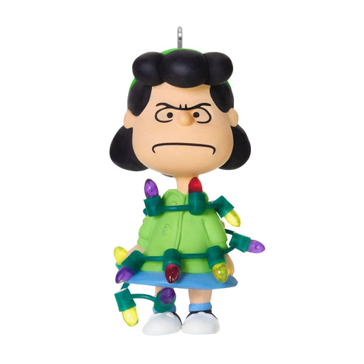 Character ornament with Christmas lights on a white background