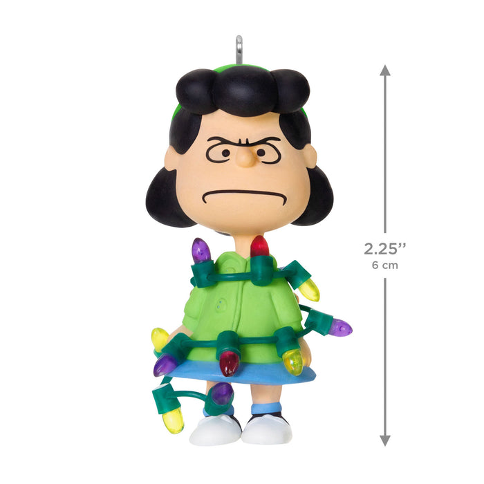 Character figurine with Christmas lights, dimensions indicated on a white background